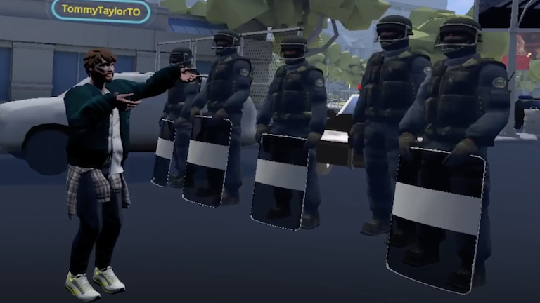A male activist stands with his hands up in front of riot police within a VR environment reminiscent of downtown Toronto.