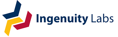 Logo for Ingenuity Labs features three interlocking v-shaped tiles in red, yellow, and dark blue.